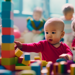 An image showcasing a group of toddlers enthusiastically engaged in open-ended play, surrounded by colorful building blocks, art supplies, musical instruments, and imaginative props, fostering their early development through creative exploration