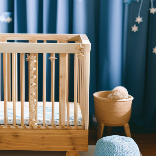 An image showcasing a beautifully crafted wooden crib adorned with soft, pastel blue bedding
