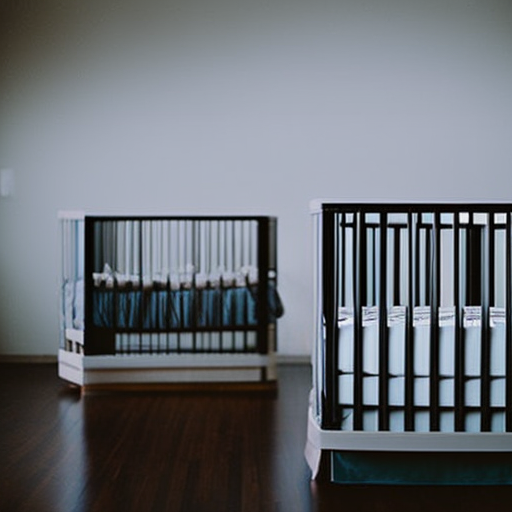 An image showcasing a modern, sturdy crib surrounded by a clear space of at least 2ft on all sides, with no loose objects present