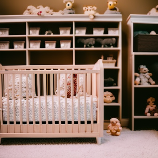 An image featuring a well-lit nursery with a crib positioned near a window, adorned with soft bedding and surrounded by baby essentials like a mobile, a cozy rug, and a neatly organized shelf with diapers and stuffed animals