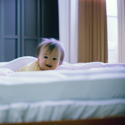An image showcasing a toddler joyfully climbing out of their crib, while a sleek and adjustable crib-turned-toddler-bed stands nearby, adorned with soft, inviting bedding
