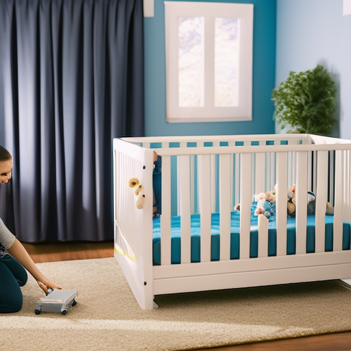 An image of a calm, well-lit nursery with a happy parent assembling a Walmart crib