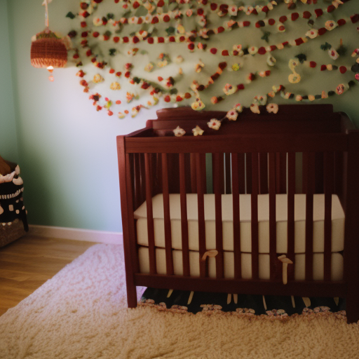 An image featuring a cozy nursery with a beautifully decorated crib, adorned with budget-friendly accents: whimsical wall decals, DIY mobile, and a handmade crocheted blanket