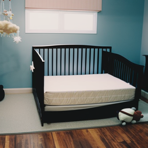 An image showcasing a nursery with a sleek, sturdy crib featuring a durable wooden frame and a comfortable mattress, surrounded by affordable yet stylish nursery decor, illustrating the concept of finding high-quality cribs at budget-friendly prices
