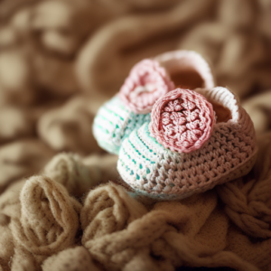 An image showcasing a pair of delicate, pastel-colored crochet baby shoes adorned with intricate floral patterns