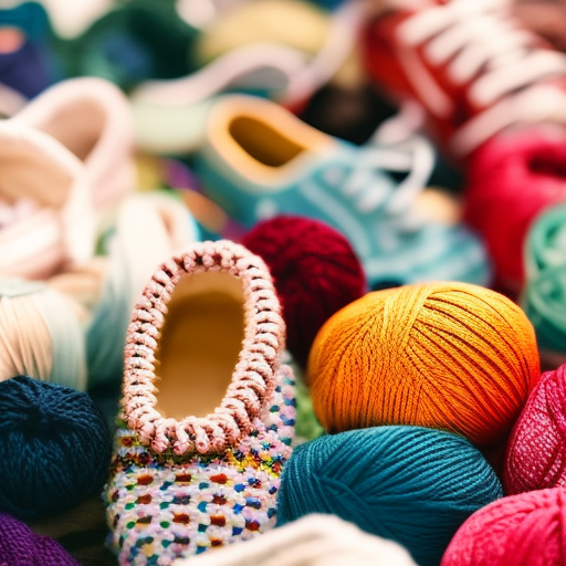 An image showcasing a variety of colorful crochet baby shoes, each crafted with different yarns and hook sizes
