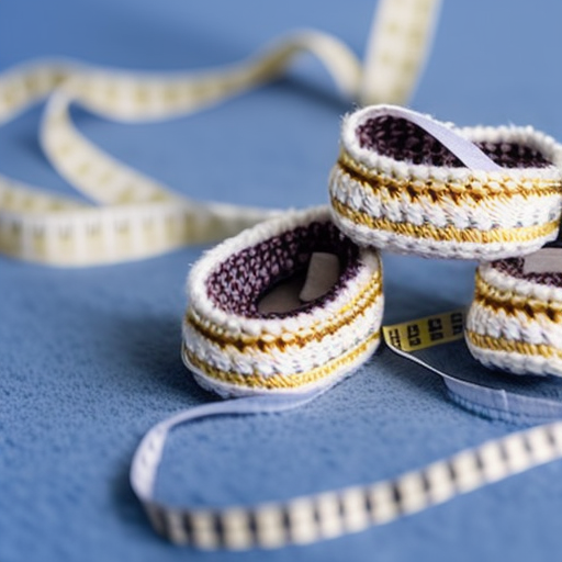 An image of a pair of crochet baby shoes with a measuring tape wrapped around them, showcasing the process of adjusting their size