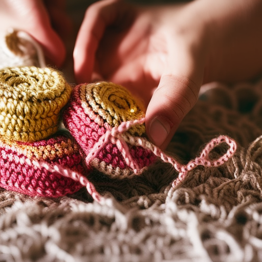 An image showcasing a pair of delicate crochet baby booties in progress, with a close-up view capturing intricate stitches, varying textures, and the skilled hands of the crocheter gently working the yarn