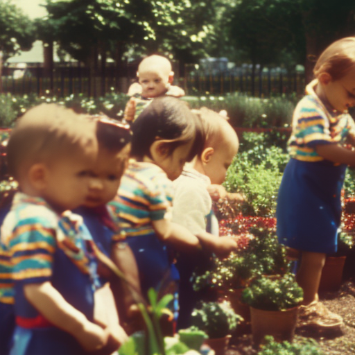 A vibrant image showcasing a group of toddlers engaged in community service, such as planting flowers in a nursing home garden or distributing food to the homeless