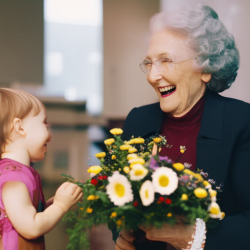 An image capturing a toddler handing a colorful bouquet of flowers to an elderly person, both sharing genuine smiles