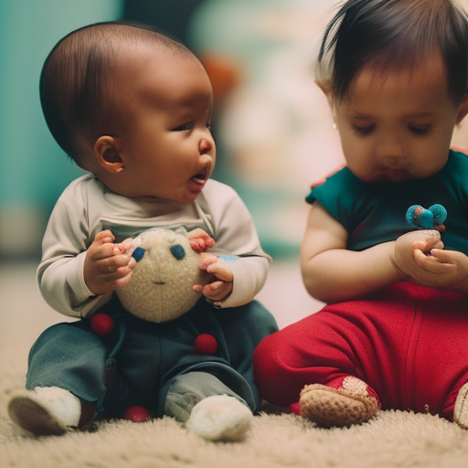 An image showing two toddlers sitting next to each other, one with tears rolling down their face, while the other gently holds a toy, offering it as a comforting gesture