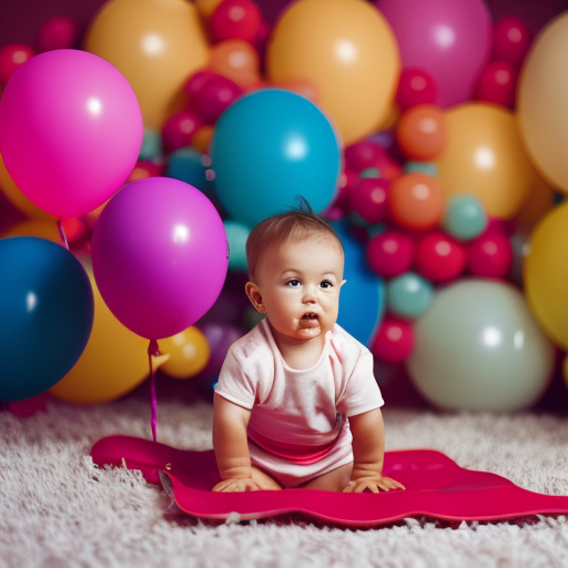 An image of a toddler sitting on a colorful mat, surrounded by various facial expressions on balloons