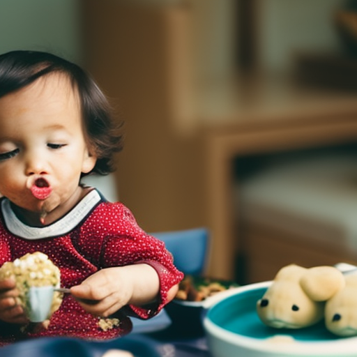 An image depicting a toddler helping a stuffed animal eat by placing a spoonful of food near its mouth during mealtime, showcasing how daily routines like meals can be an opportunity for toddlers to practice empathy