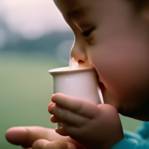 An image depicting a serene scene of a content baby cup feeding, their tiny hands grasping a small cup filled with milk, as droplets trickle down their chin, capturing the beauty and simplicity of this nurturing practice