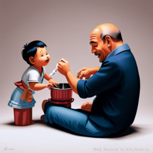 Capture an authentic moment of a father effortlessly multitasking: one hand stirring a pot of bubbling soup, the other cradling a giggling baby, their eyes locked in a shared joy that radiates a deep sense of love and support