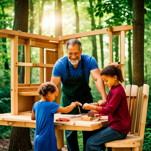 Warming image showcasing a father and his children gathered around a workbench, their hands covered in paint and sawdust, as they collaborate on building a treehouse together, their smiles radiating joy and pride