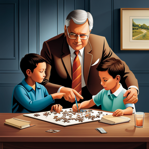 An image capturing a father and his children working together on a challenging puzzle, each sibling contributing their unique perspective, fostering collaboration, problem-solving, and teamwork skills