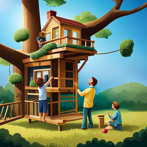 An image showcasing a father engaged in a fun sibling project, like building a treehouse together