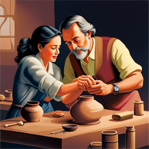 An image depicting a couple passionately engaged in a pottery class, their hands delicately molding clay, eyes sparkling with shared enthusiasm