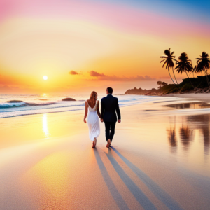 An image showcasing a couple strolling hand in hand along a serene beach at sunset, with the warm golden light casting a romantic glow on their faces, capturing the essence of rediscovering love through dating your spouse