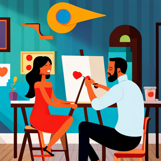 An image of a couple laughing together while painting colorful masterpieces at a vibrant art studio, surrounded by easels, paintbrushes, and splashes of paint, capturing the essence of a fun and creative date night