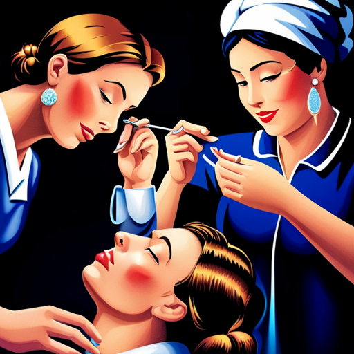 An image showcasing a mother delicately cleaning her daughter's newly pierced ear with a cotton swab, while a tray of sparkling earrings sits nearby, emphasizing the importance of long-term maintenance and jewelry upkeep for a daughter's ear piercing