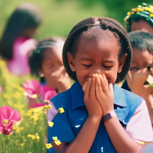 An image depicting a diverse group of children engaging in outdoor activities, with some children sneezing near blooming flowers, others rubbing their itchy eyes, and a few clutching their throats in reaction to common allergens