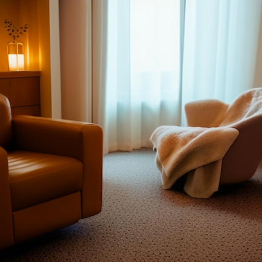 An image of a comforting therapy room, softly lit with warm, muted colors