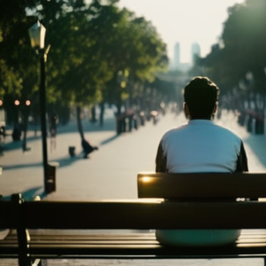Dealing With Separation Anxiety 28 An image that showcases a silhouette of a person sitting alone on a park bench, surrounded by a bustling cityscape, highlighting the feelings of isolation and anxiety experienced during separation