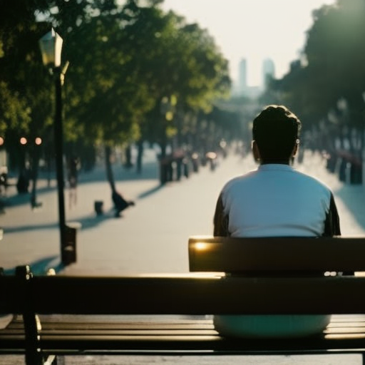 An image that showcases a silhouette of a person sitting alone on a park bench, surrounded by a bustling cityscape, highlighting the feelings of isolation and anxiety experienced during separation