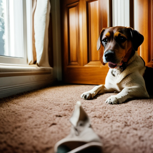 An image showcasing a distressed dog with wide, teary eyes, nervously scratching at a closed door