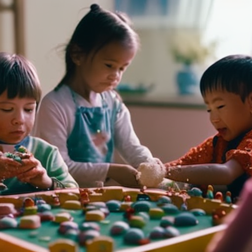 An image showcasing a playful scene of children engaged in various activities like painting, playing with clay, and sharing toys, while a compassionate adult guides them in expressing and understanding their emotions