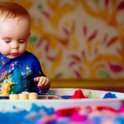 An image showcasing a toddler joyfully exploring a sensory tray filled with vibrant, non-toxic paints