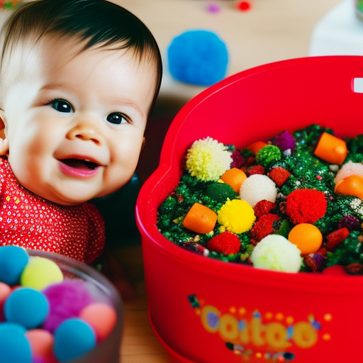 An image showcasing a vibrant sensory bin filled with colorful rice, textured objects like feathers and pom-poms, and playful tools such as scoops and cups