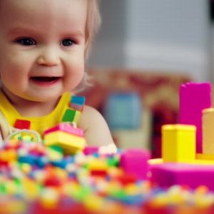 a vibrant scene of a toddler gleefully stacking rainbow-colored blocks, surrounded by an assortment of DIY play projects: a sensory bin filled with colored rice, a homemade cardboard castle, and a mini kitchen complete with pots and pans
