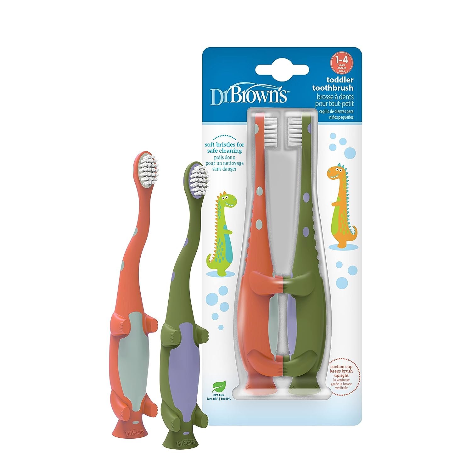 Dr. Browns Baby and Toddler Toothbrush, Green and Orange Dinosaur 2-Pack, 1-4 Years