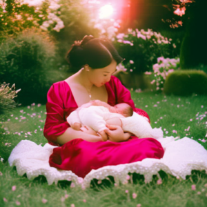 An image capturing the ethereal realm of a dream: a radiant moonlit sky illuminating a serene garden, where a blissful mother cradles a sweet baby to her chest, delicately nourishing it with the gift of breastfeeding