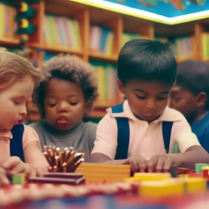An image showcasing a diverse group of young children engaged in hands-on activities such as building blocks, painting, and reading books, surrounded by colorful educational materials and vibrant learning environments