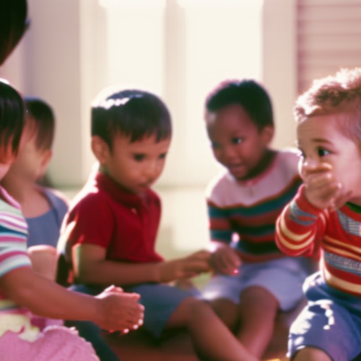 An image depicting a diverse group of young children engaging in interactive language activities, such as storytelling, puppetry, and conversation circles, fostering a stimulating environment for language acquisition in early childhood education