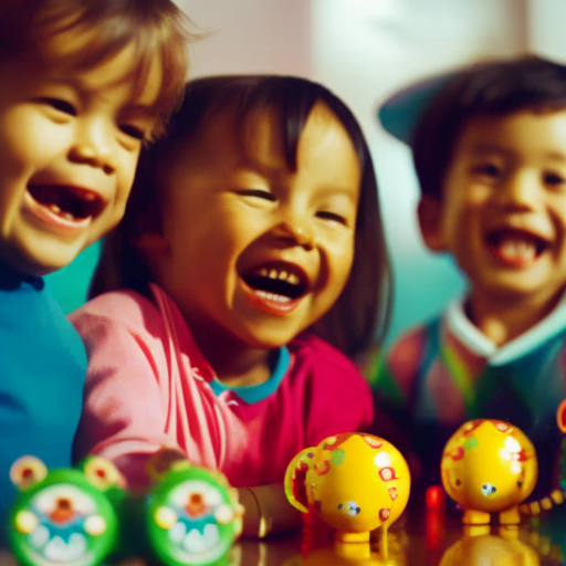 An image that showcases the vibrant essence of childhood: a group of young children laughing joyfully while engaged in imaginative play, surrounded by colorful toys, fostering social skills and imaginative growth
