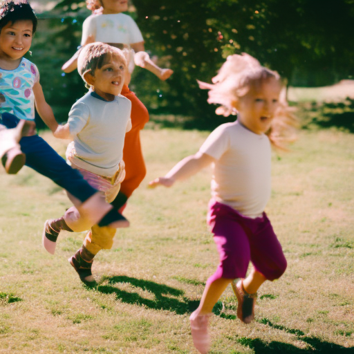 An image showcasing young children engaged in gross motor skill activities such as jumping, skipping, and climbing