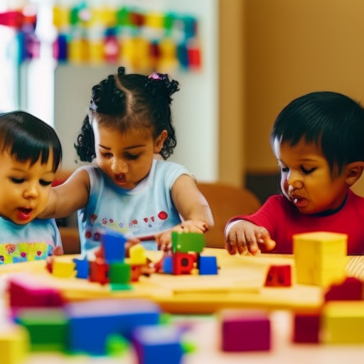 An image showcasing preschoolers engaged in a hands-on activity, like building a colorful tower with blocks, encouraging their problem-solving skills