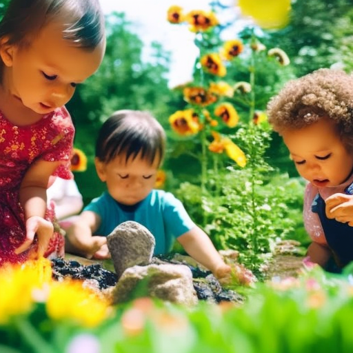 An image showcasing preschoolers using magnifying glasses to examine vibrant flowers, colorful insects, and intriguing rocks in a lush garden