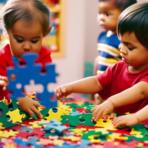 An image depicting a group of preschoolers gathered around a colorful puzzle, eagerly placing pieces together