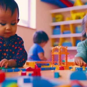 An image of a cheerful, colorful playroom filled with preschoolers engaged in a variety of educational games