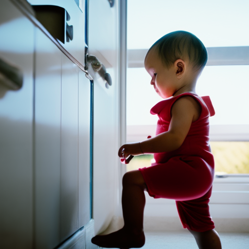 An image showing a toddler reaching towards a closed toilet lid secured with a durable toilet safety lock, highlighting the peace of mind and effectiveness it offers in preventing accidents