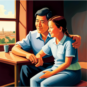 An image depicting a parent and teenager engaged in a genuine conversation, facing each other with open body language, maintaining eye contact, and displaying active listening through nodding and expressive facial expressions