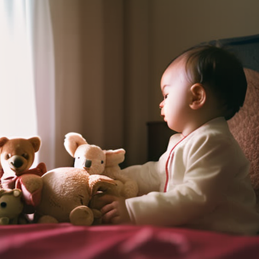 An image showcasing a cozy bedroom scene, with a toddler peacefully asleep in a tidy bed surrounded by their favorite stuffed animals