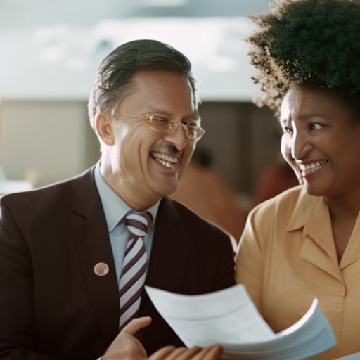 An image capturing a parent and a teacher engaged in a genuine conversation, leaning in towards each other with focused expressions, while holding a stack of neatly organized papers and smiling warmly