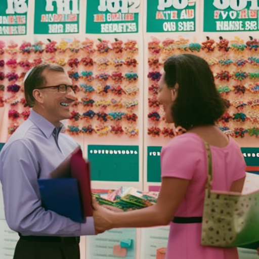 An image of a smiling parent and teacher engaged in conversation, surrounded by a vibrant bulletin board adorned with colorful student work, progress charts, and a calendar displaying upcoming parent-teacher conferences
